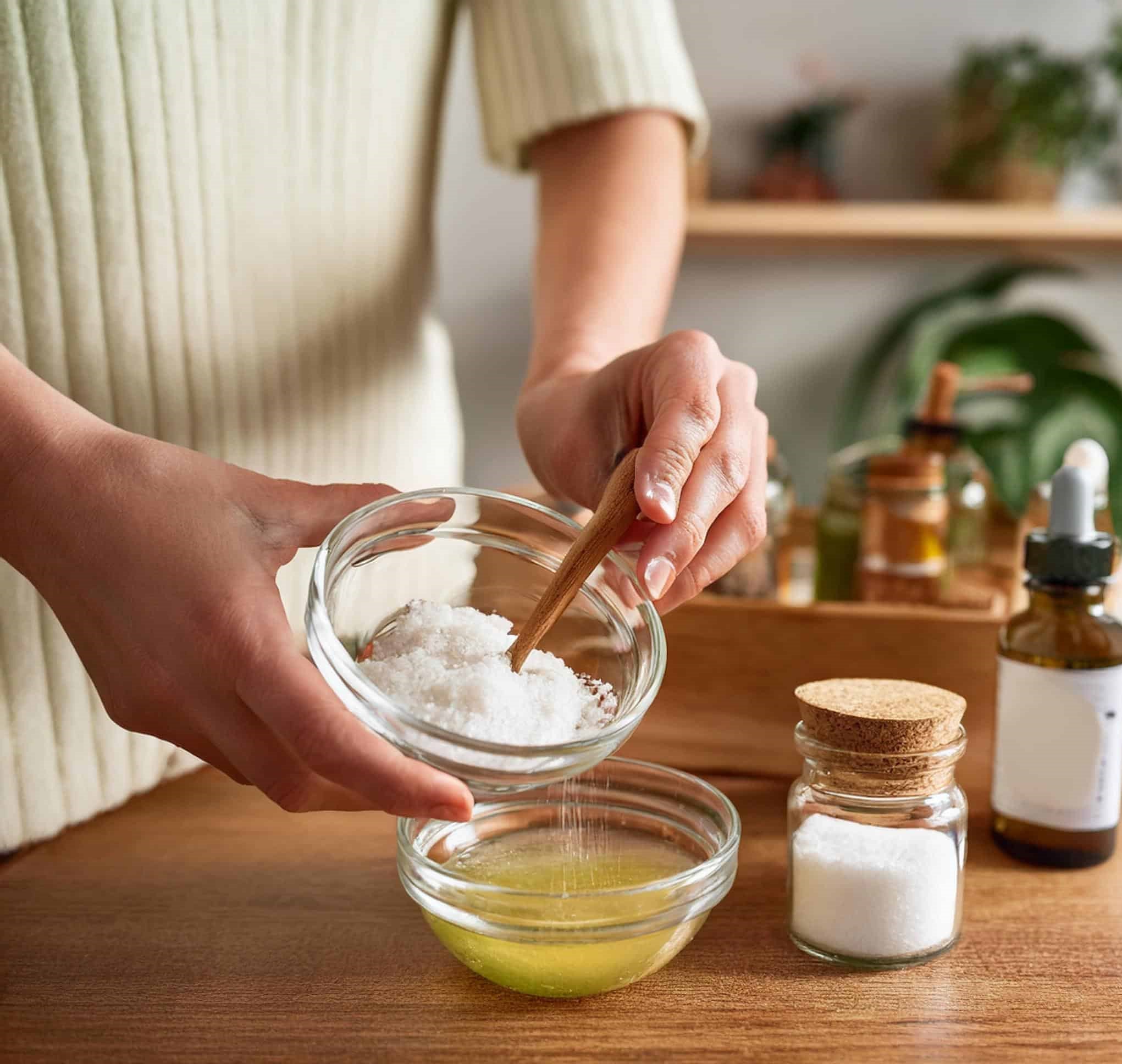 Piling za tijelo s maslinovim uljem i morskom soli. Na slici je prikazan proces miješanja ta 2 sastojka.