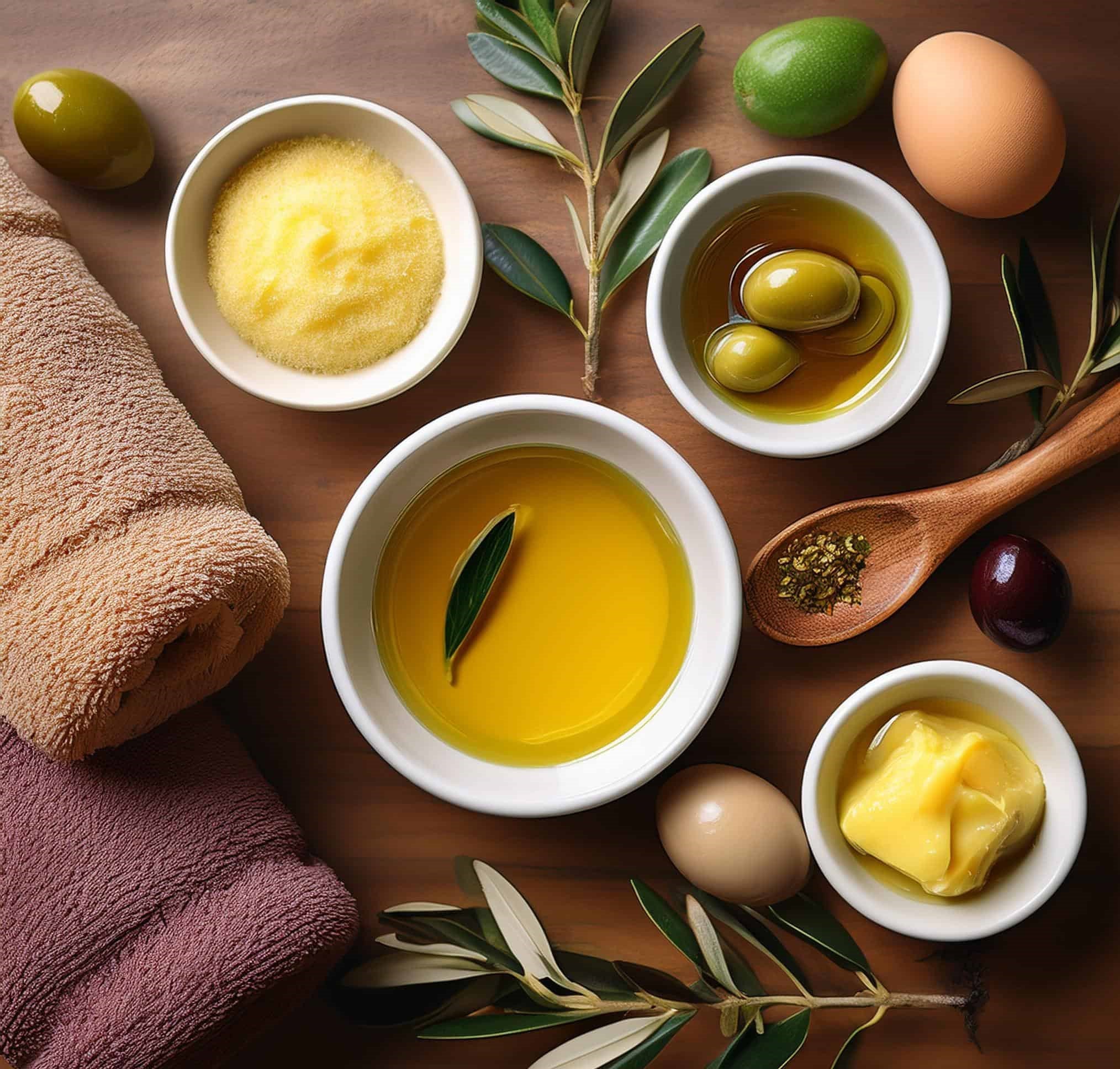 Na slici se nalazi maslinovo ulje, med, jaja, kokos i cimet.